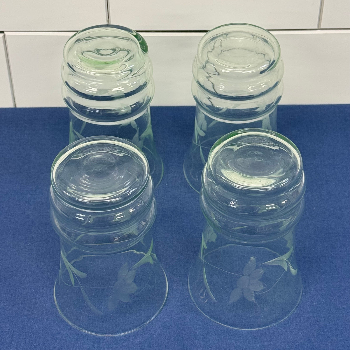 Pale Green Etched Leaf Glass Tumblers Set of 4