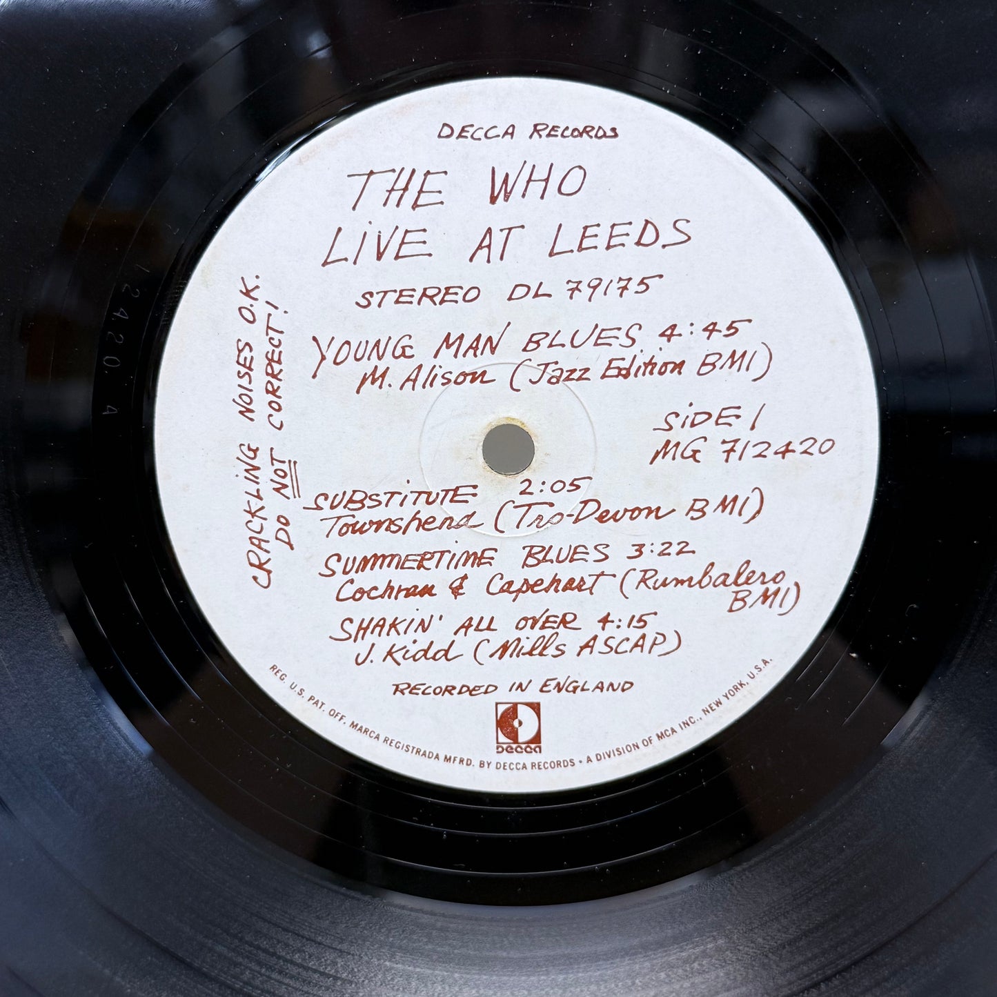 The Who Live at Leeds Vinyl Record LP 1970 #DL 79175