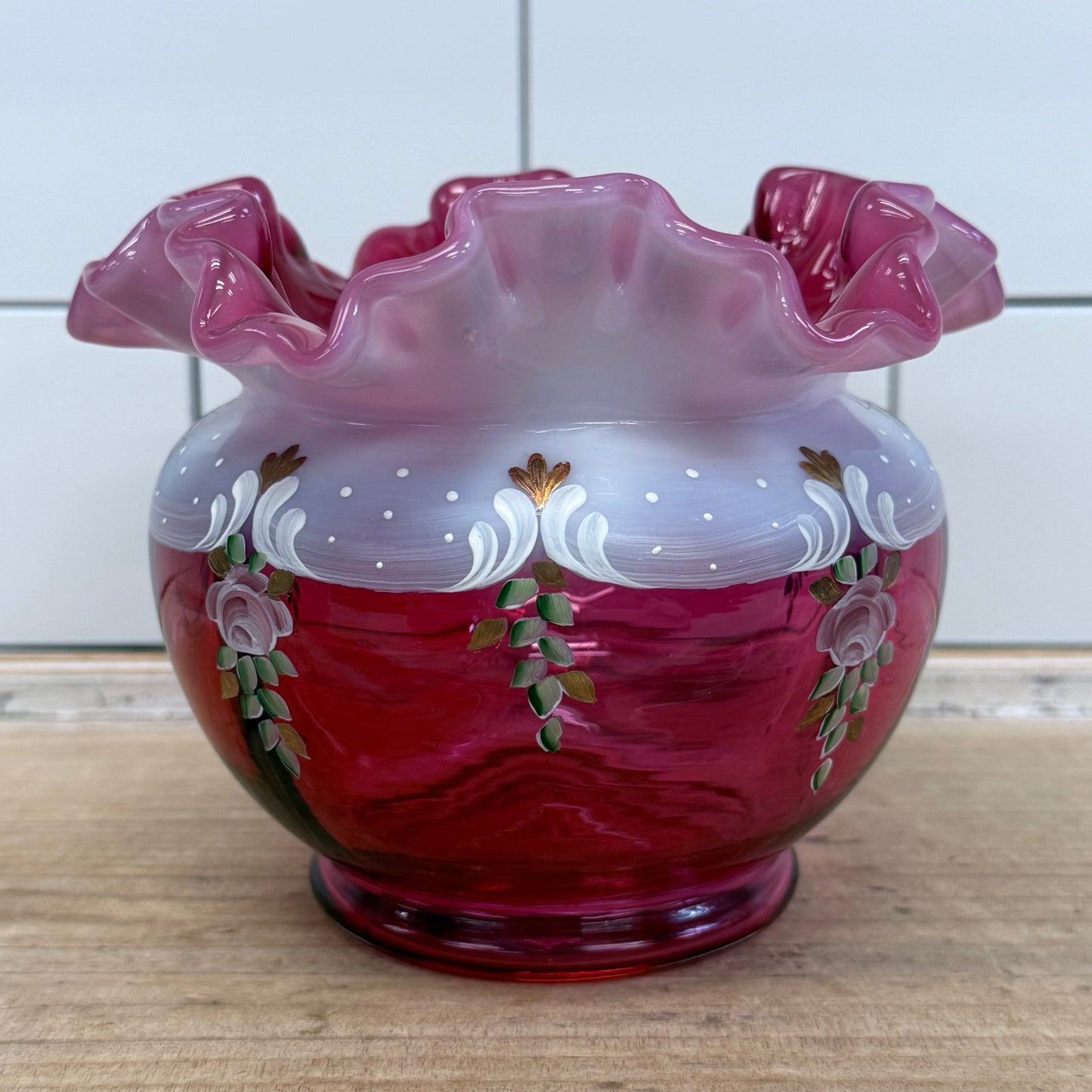 Fenton Charleton Collection Cranberry Rose Bowl Signed 2002