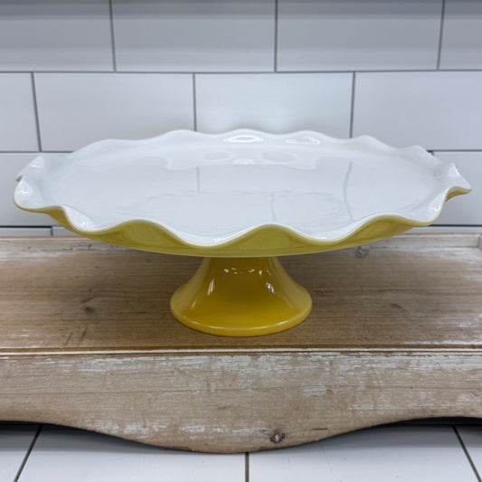 Crate & Barrel Susie Yellow Ruffled Pedestal Cake Plate 13”