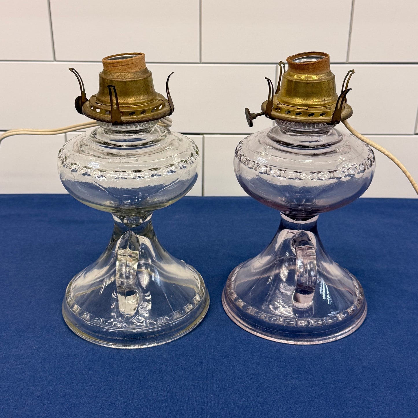 Electrified Glass Oil Finger Lamps with Chimneys Shades Set of 2