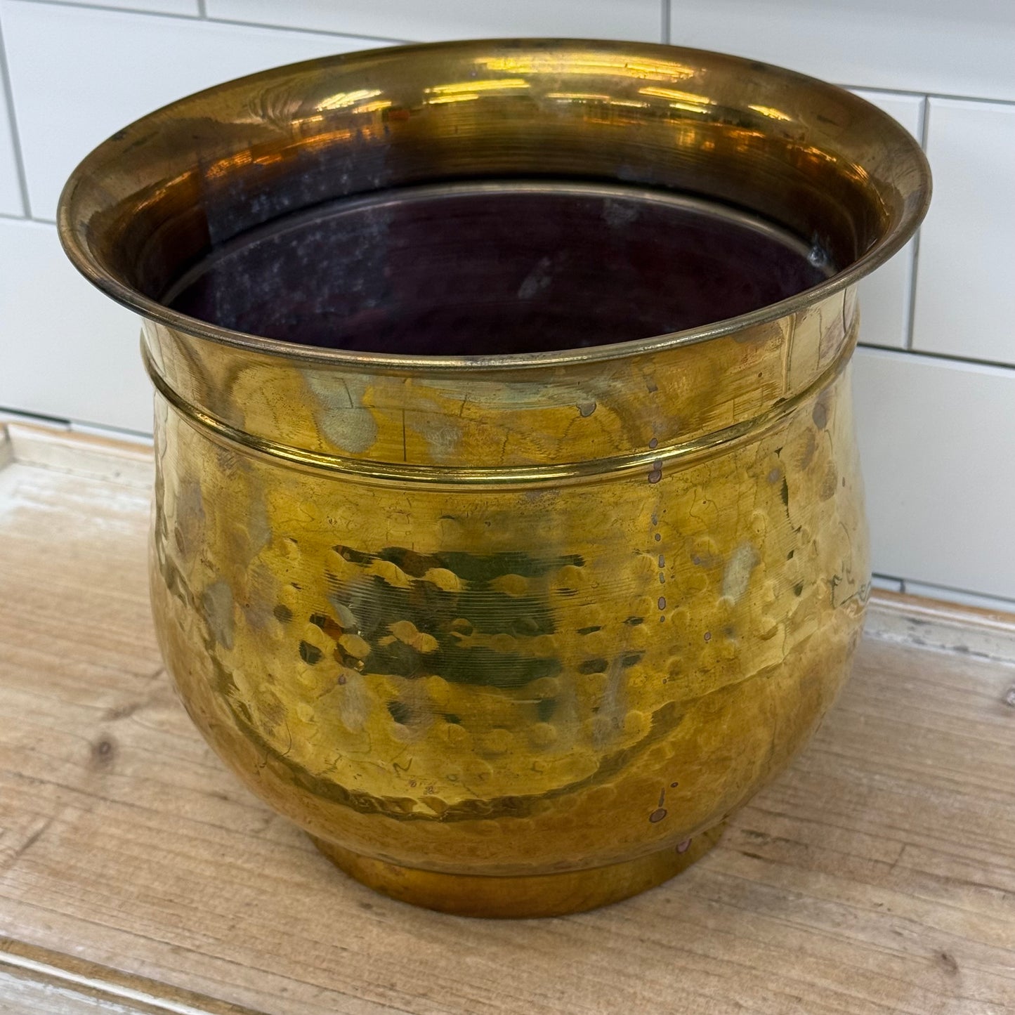 Vintage Hammered Brass Planter with Copper Lined Interior 1960s