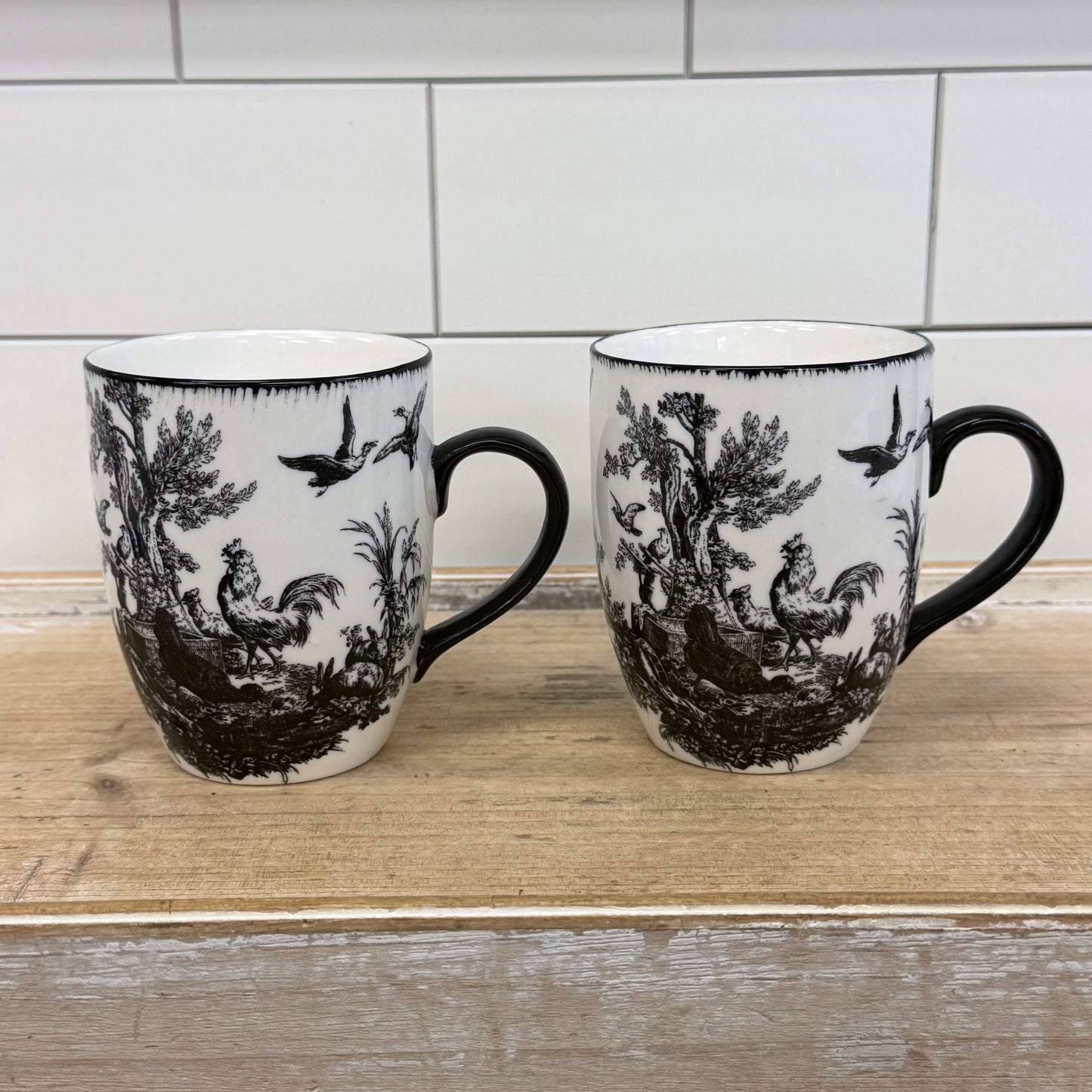 Aux Au Provence Rooster Toile Mugs Set of 2 Ceramic