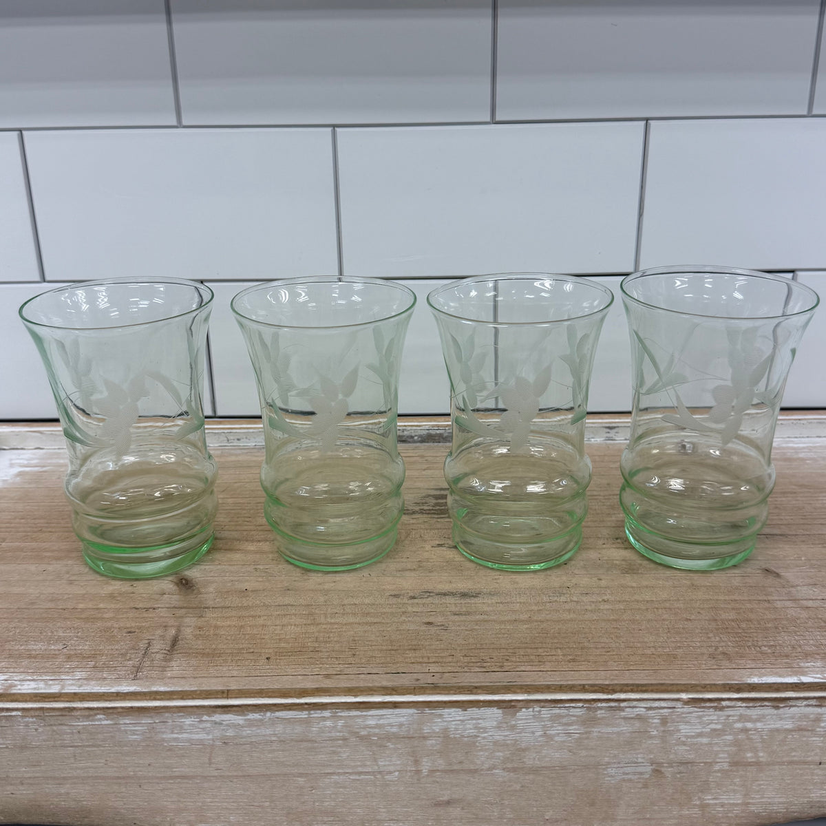 Pale Green Etched Leaf Glass Tumblers Set of 4