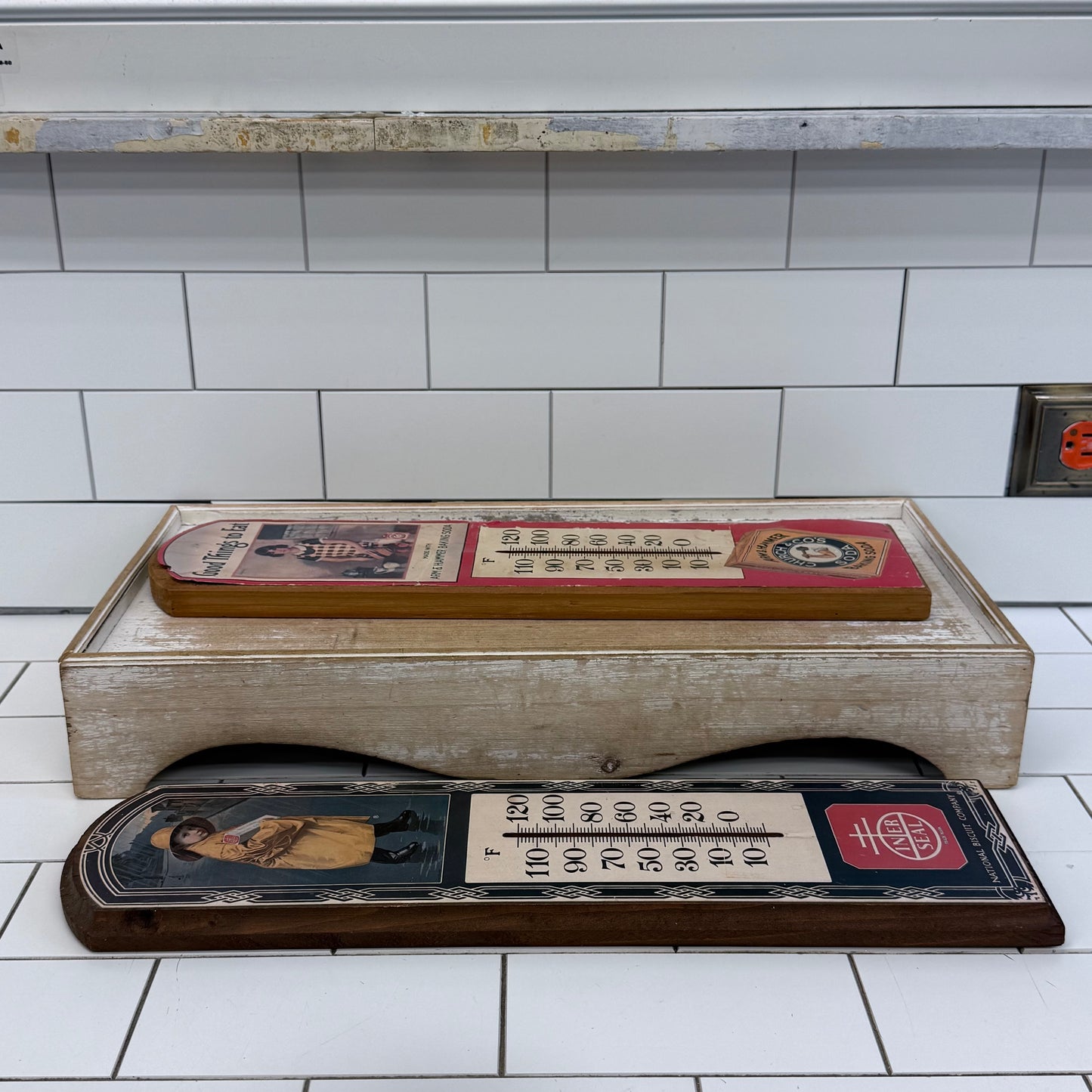 Vintage Nabisco Arm & Hammer Wood Thermometers Set of 2