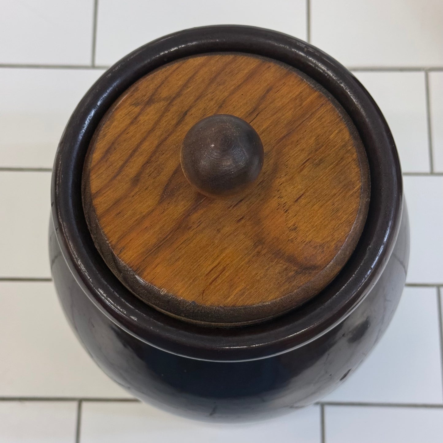 Stoneware Storage Crock with Wooden Lid Brown Glazed Kitchen Jar