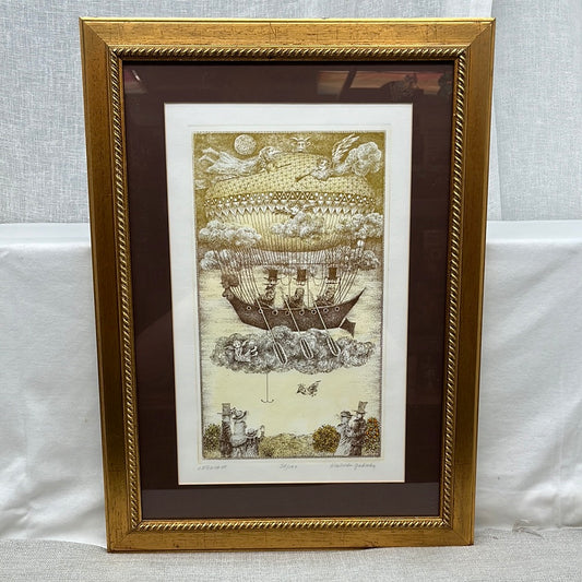 Gabriella Molnar Colored Etching Airship #31/100 Framed Limited Edition Signed
