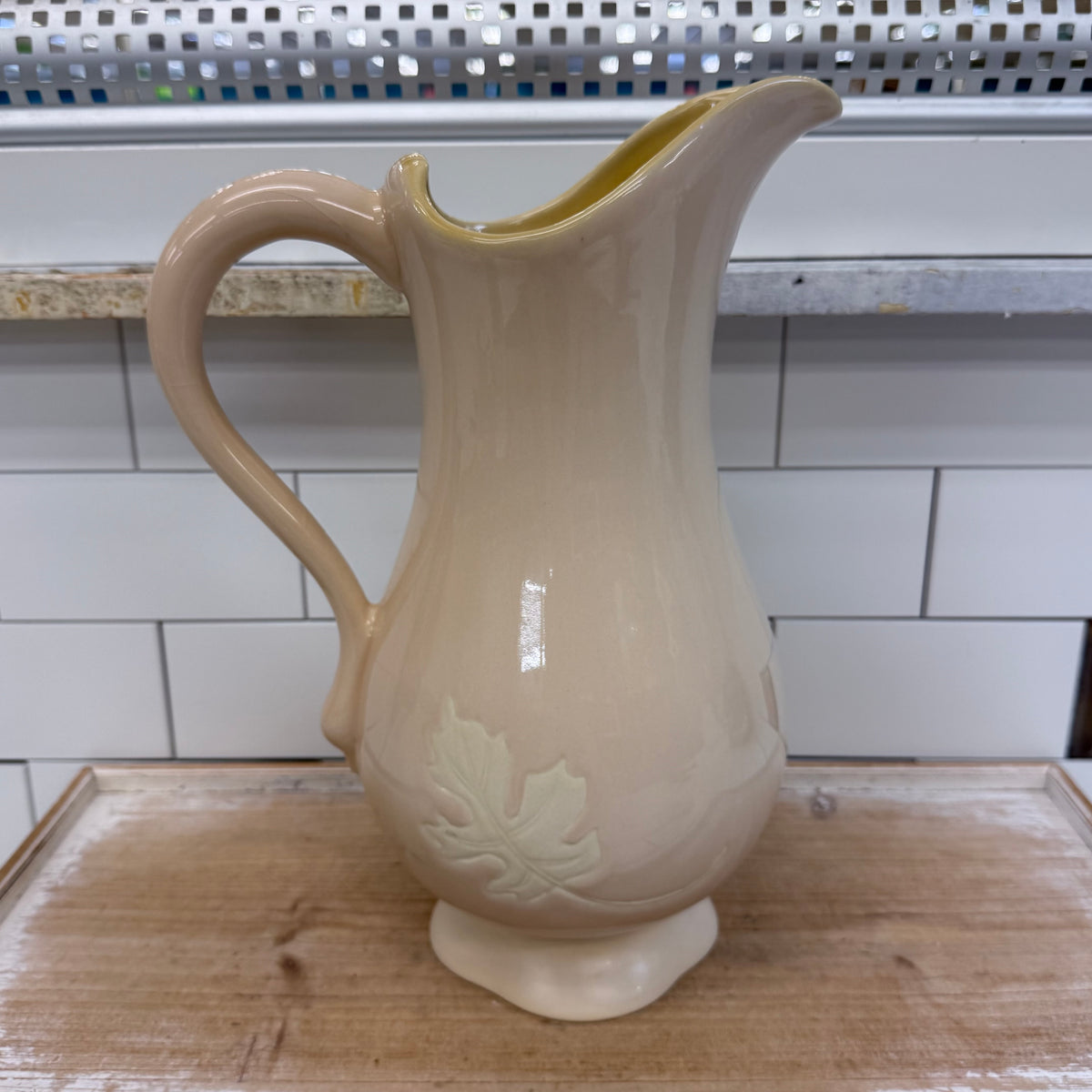 Ceramic Pitcher Embossed Leaf Design Farmhouse Decor 13”