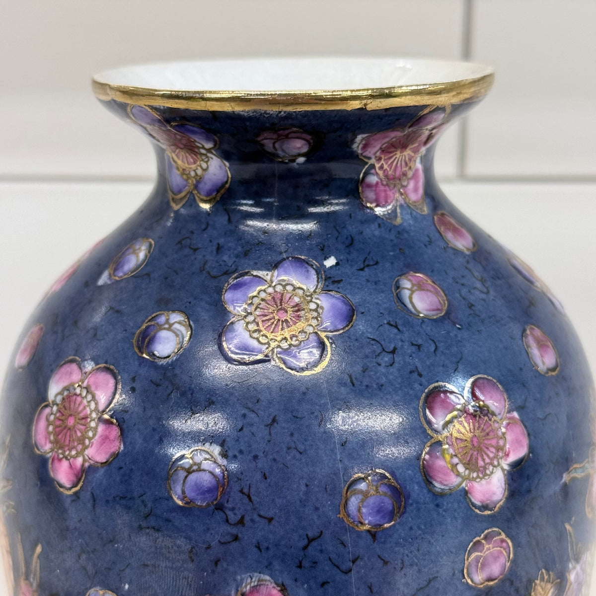 Cobalt Blue Floral Porcelain Vase Gold Trim Chinoiserie