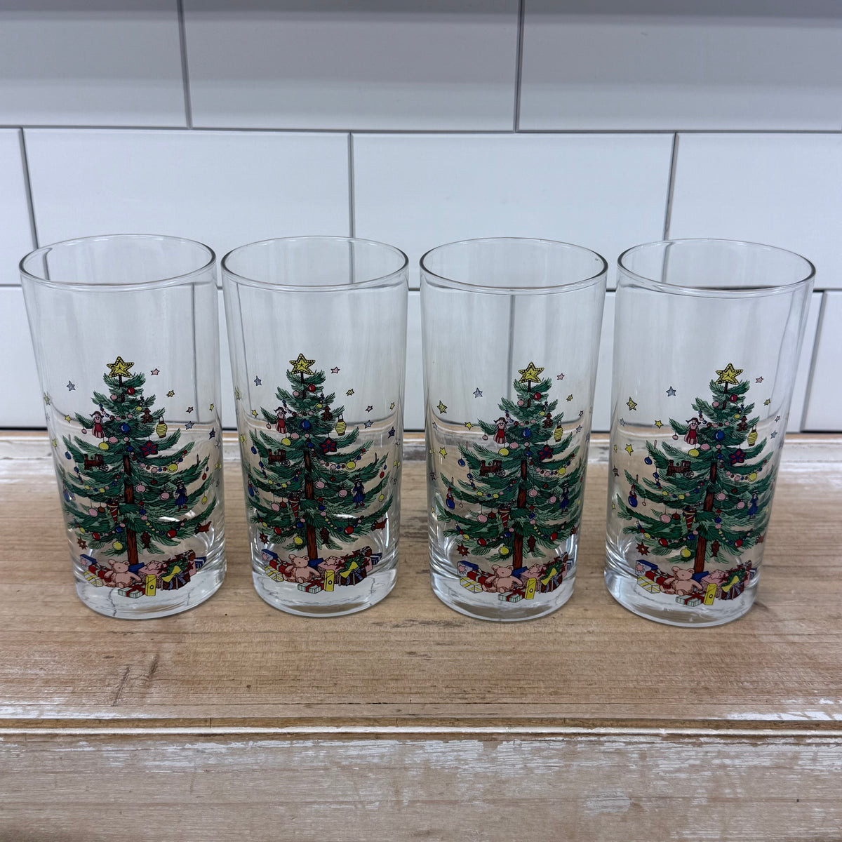 Nikko Christmas Tree Teddy Bear Highball Glass Tumblers Set of 4