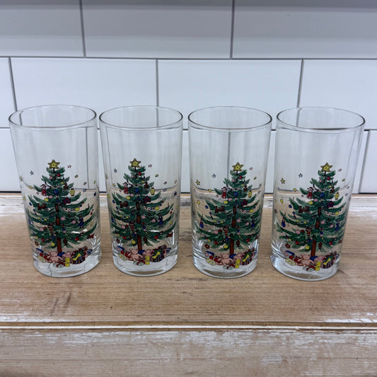 Nikko Christmas Tree Teddy Bear Highball Glass Tumblers Set of 4