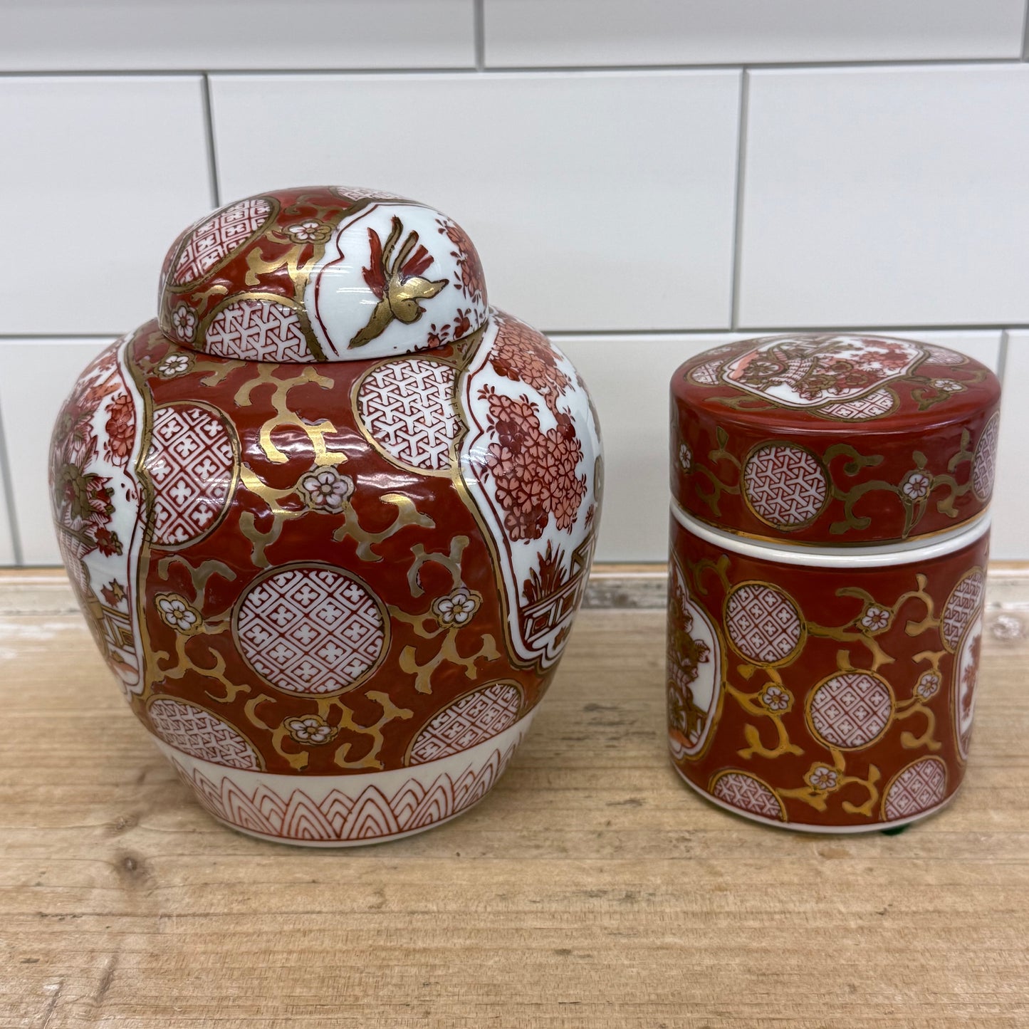 Gold Imari Hand Painted Porcelain Ginger & Tea Jars Set