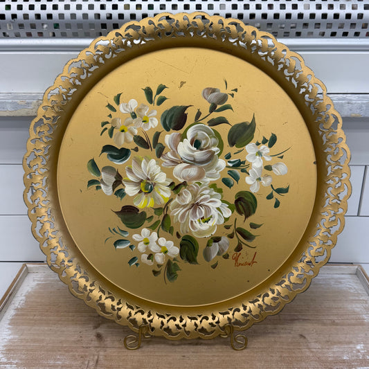 Vintage Nashco Hand Painted Floral Toleware Metal Tray 15”