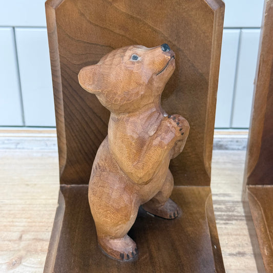 Carved Wood Bear Bookends Rustic Lodge Folk Art Pair