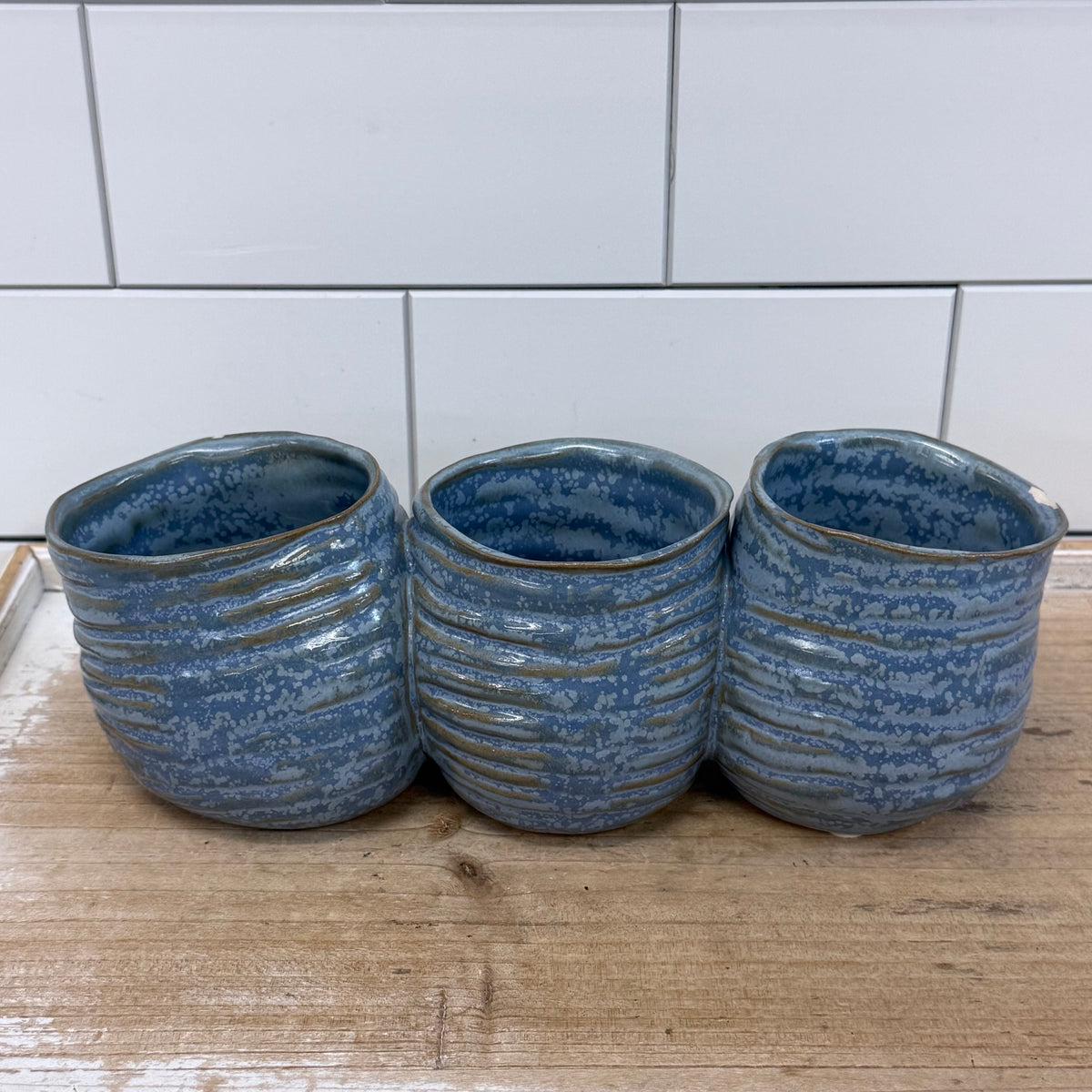 Rustic Wood Tray Bowl & Blue Ceramic Decor Set