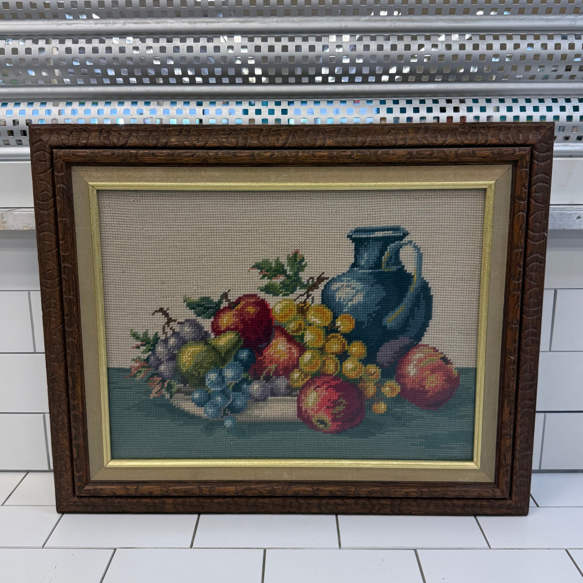 Fruit Still Life with Blue Pitcher Framed Needlepoint Art