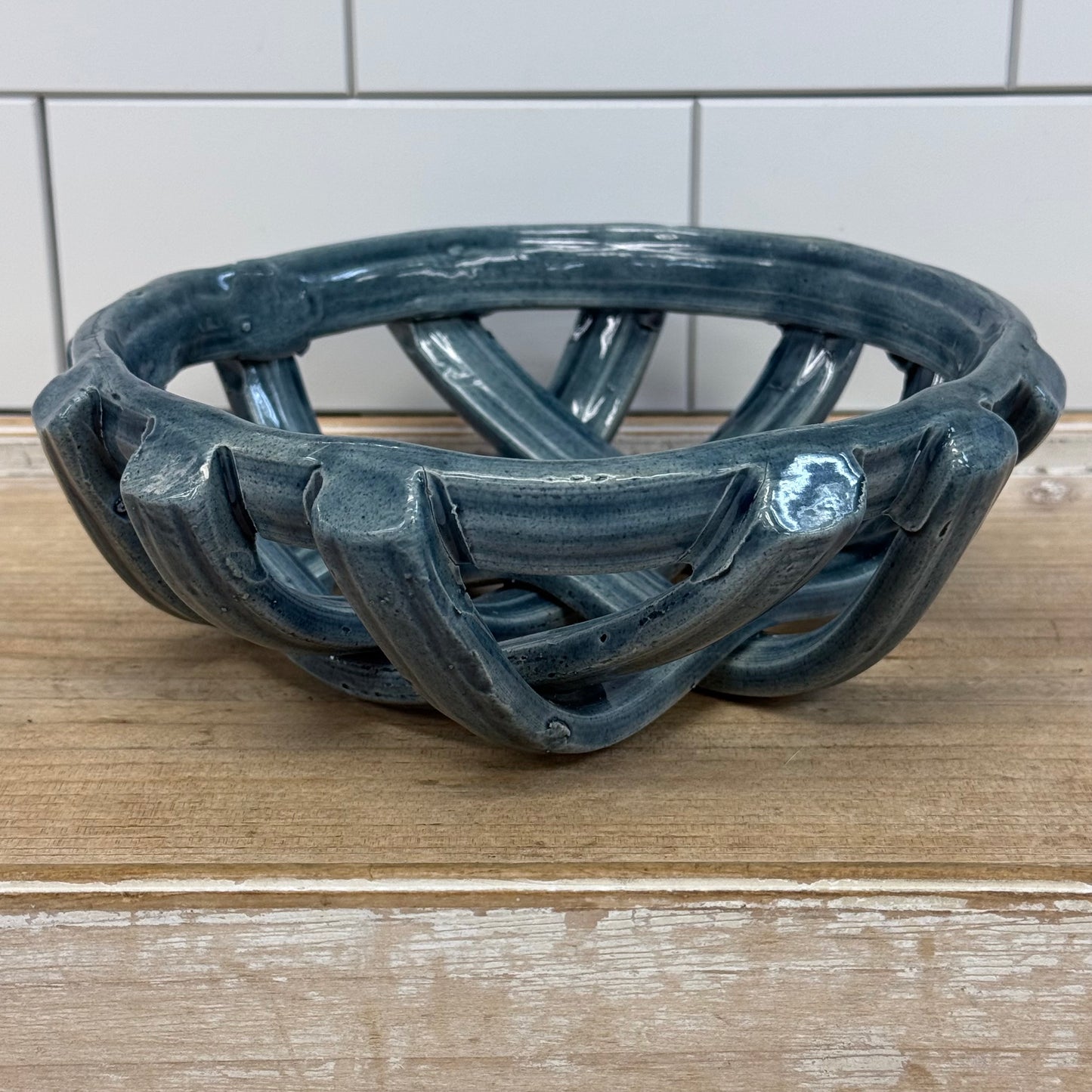 Studio Art Pottery Open Lattice Ceramic Bowl Blue Gray