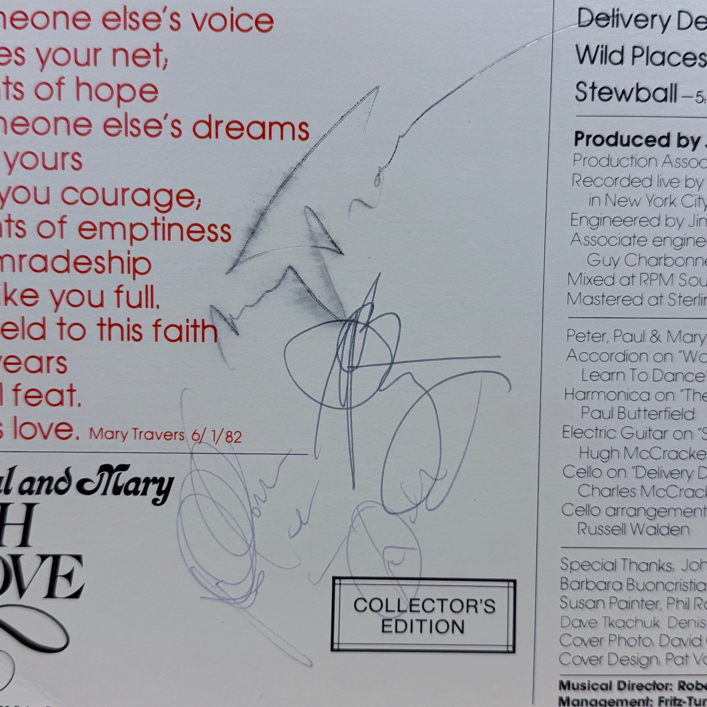 Peter, Paul and Mary Such Is Love Autographed Vinyl Record 1983