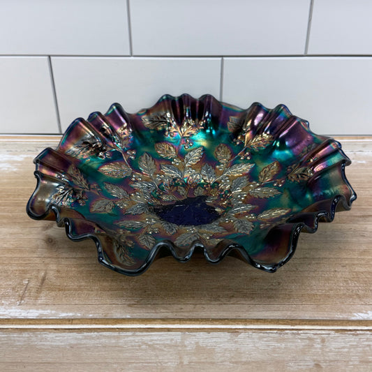 Fenton Holly Carnival Glass Ruffled Bowl Blue Iridescent