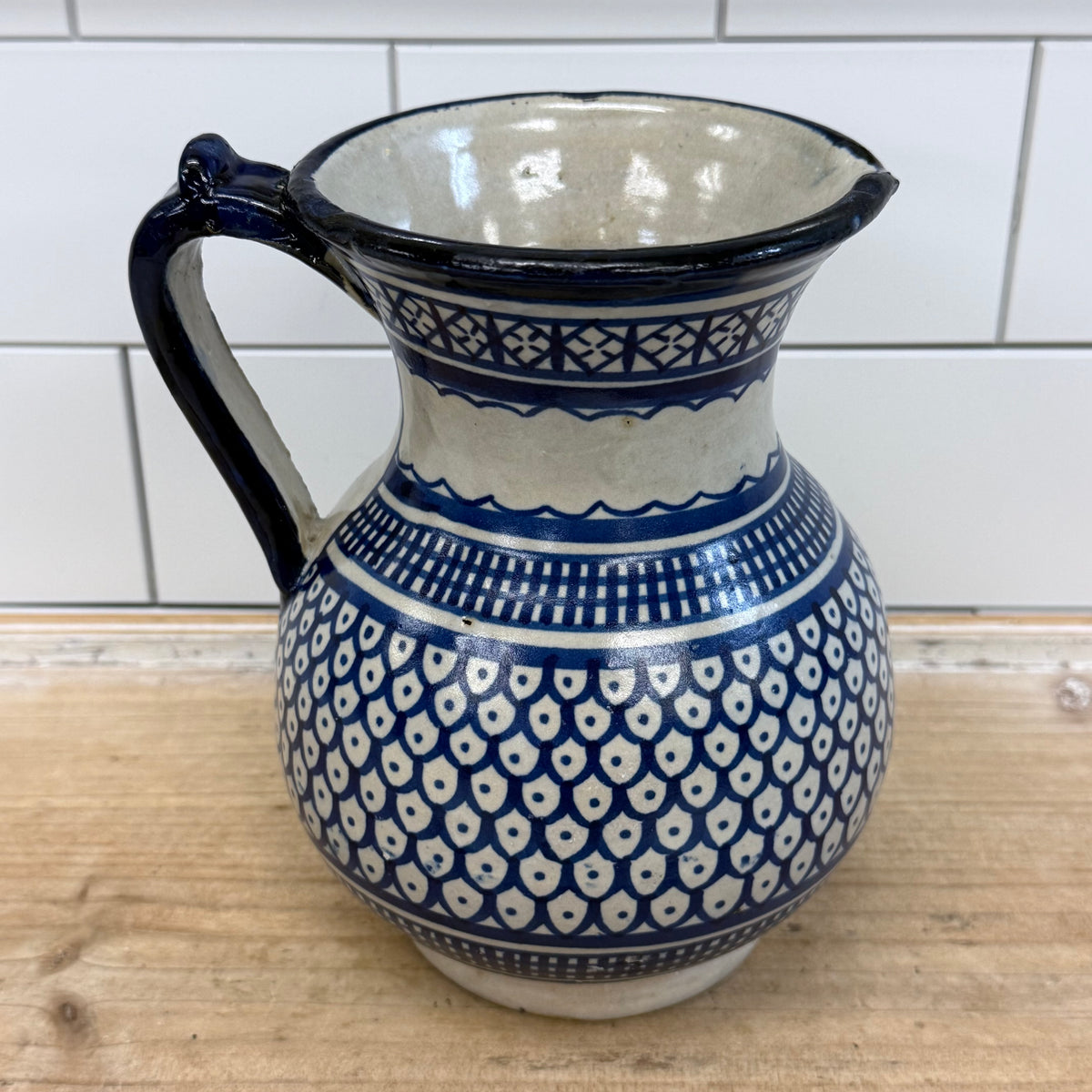 Moroccan Fez Blue White Pottery Pitcher & Plate Hand Painted