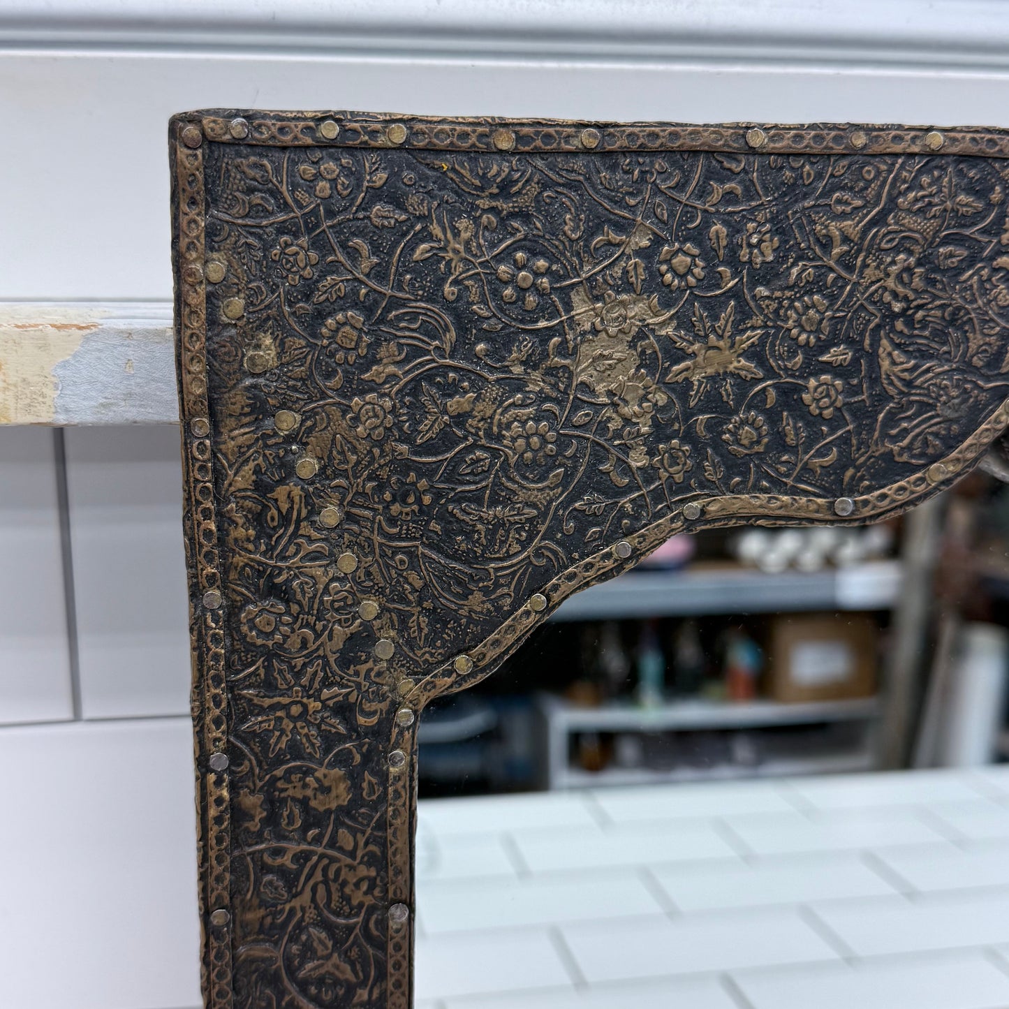 Moroccan Style Floral Embossed Wood Accent Mirror