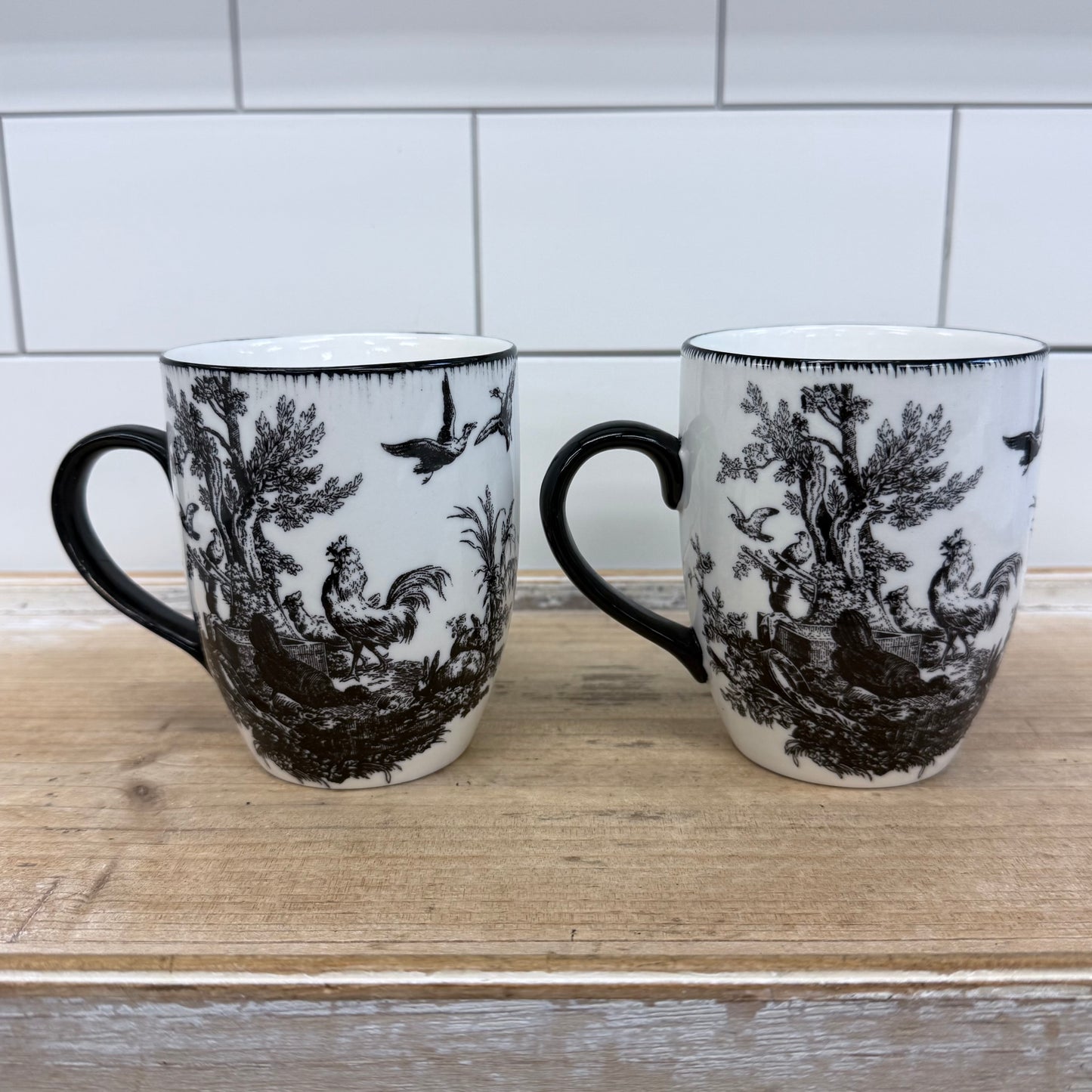 Aux Au Provence Rooster Toile Mugs Set of 2 Ceramic