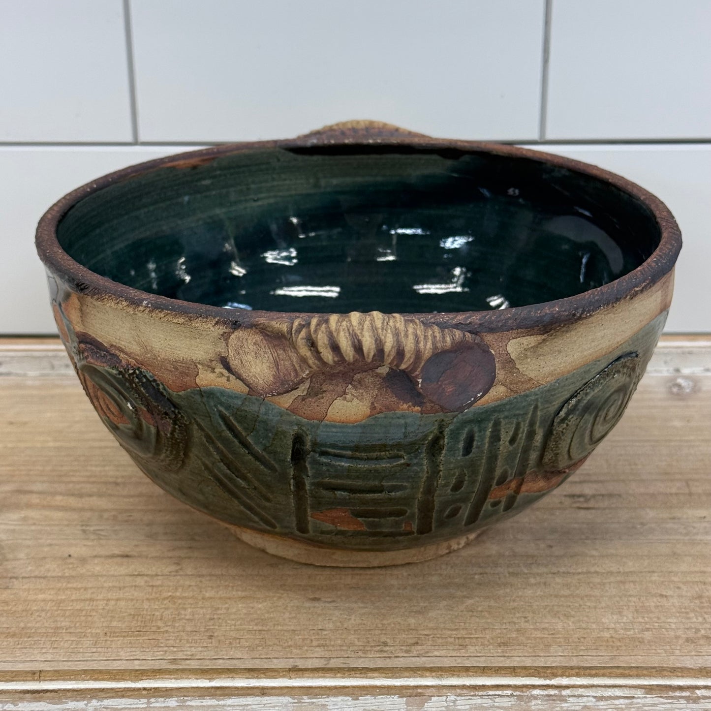 Studio Art Pottery Spiral Handled Bowl, Signed, Glazed Stoneware