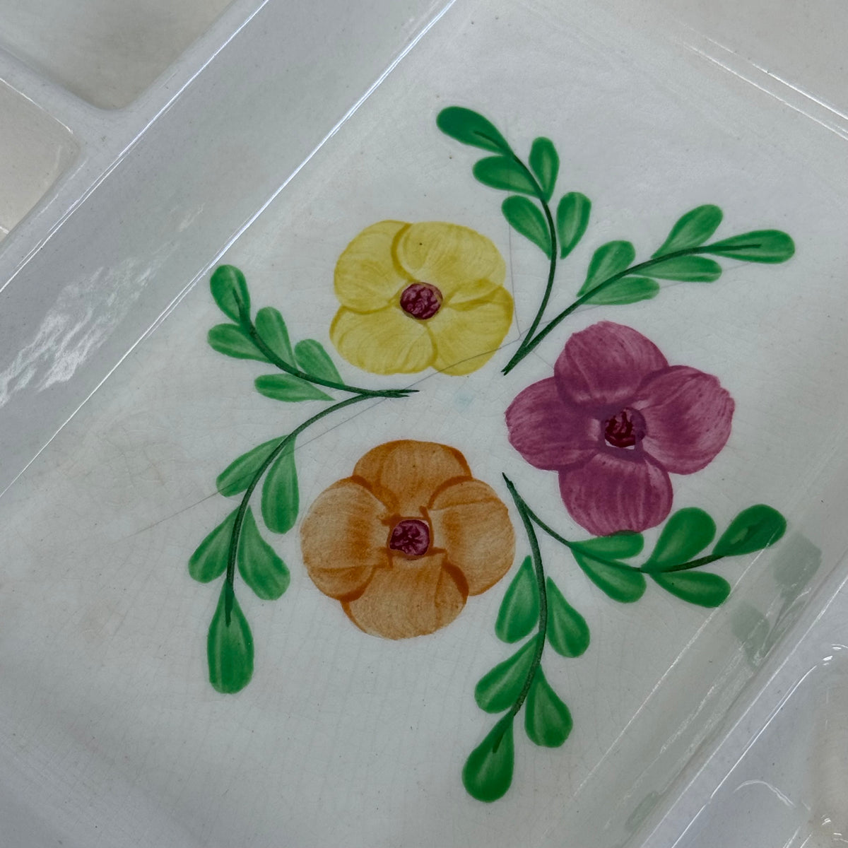 Hand Painted Floral Serving Dish with Wood Tray