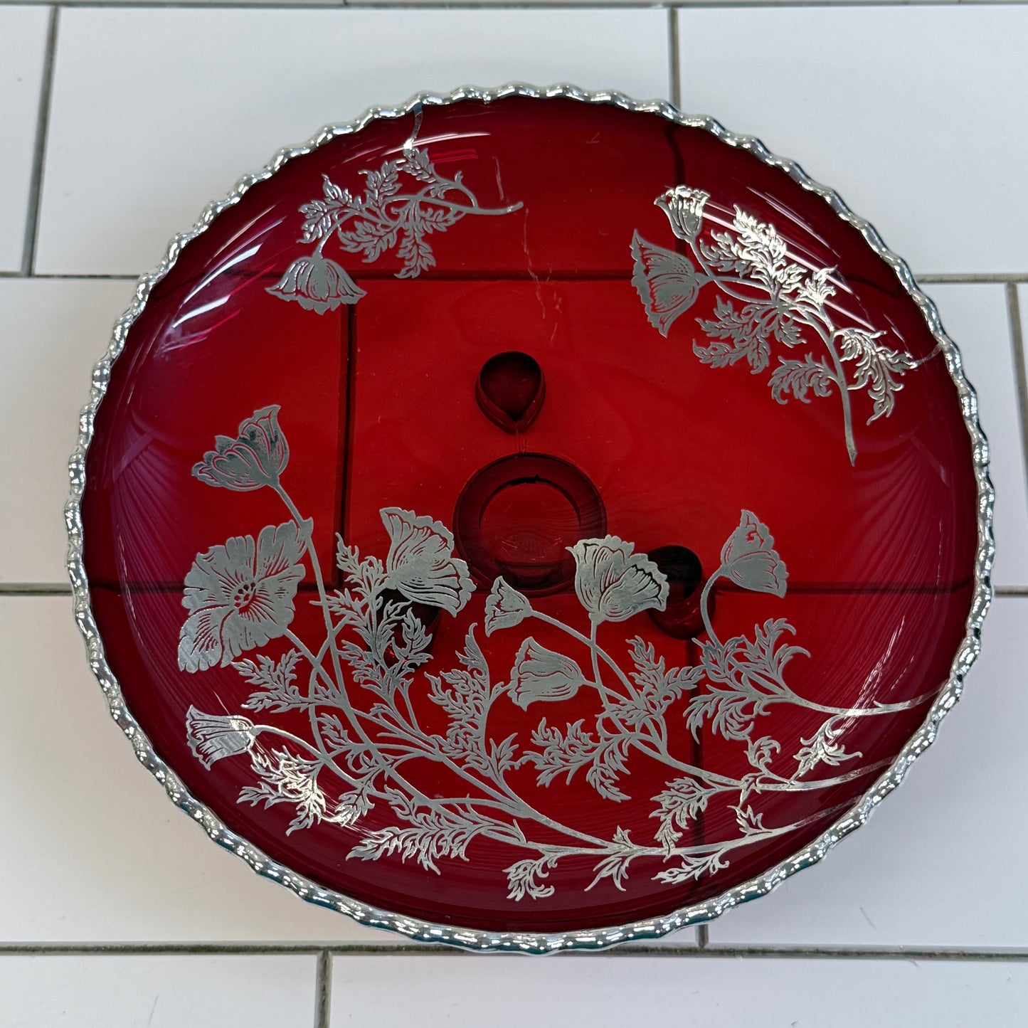 Ruby Red Glass Centerpiece Silver Overlay Bowl Decor