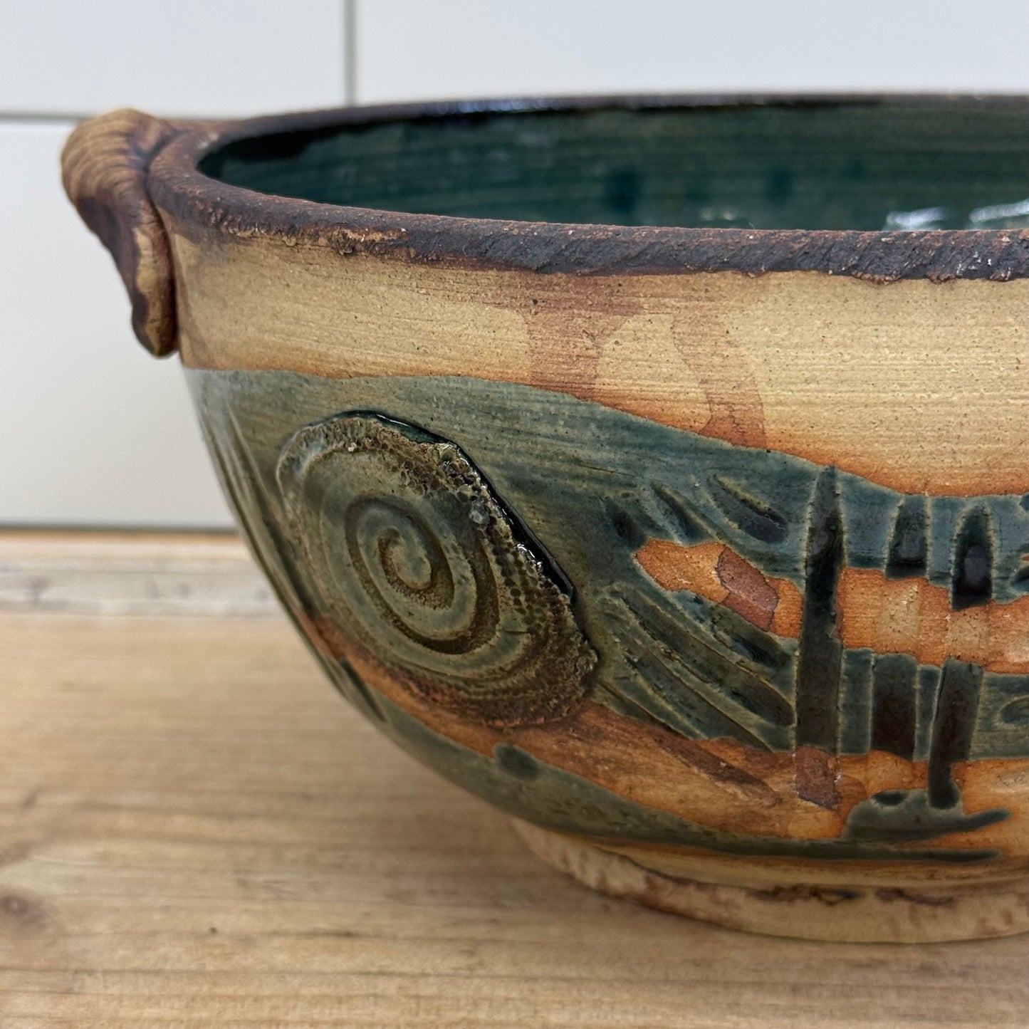 Studio Art Pottery Spiral Handled Bowl, Signed, Glazed Stoneware