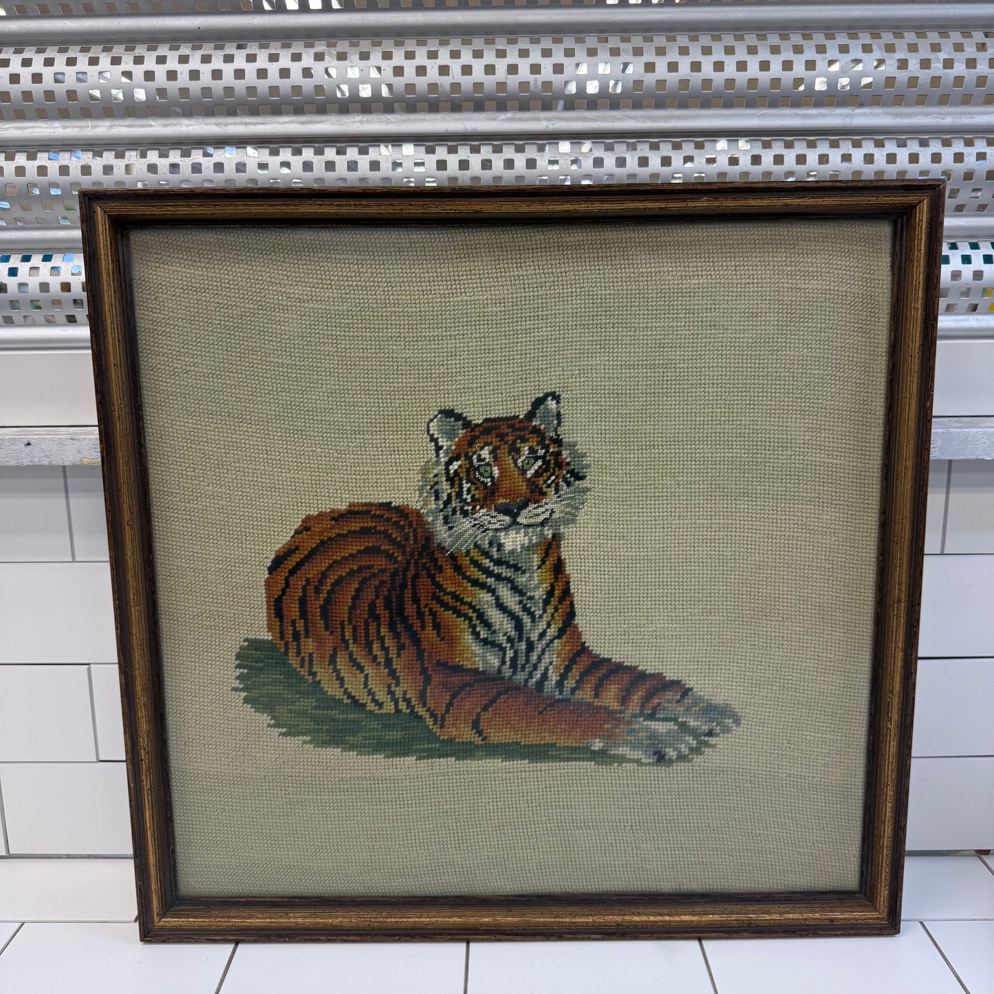 Tiger Needlepoint Framed Textile Wall Art