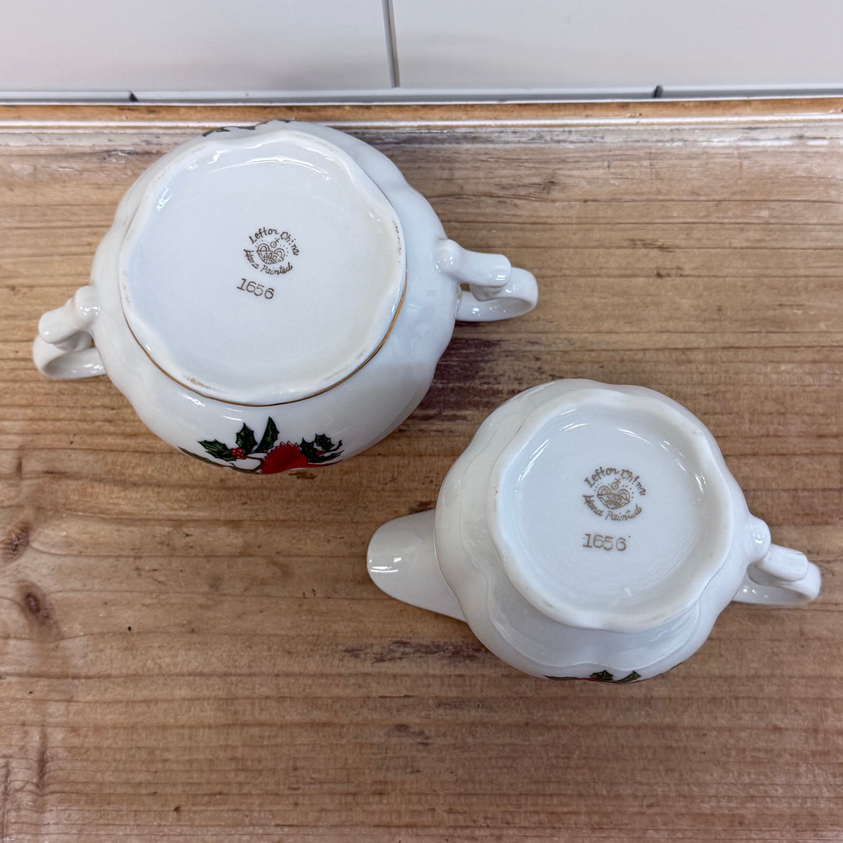 Lefton Cardinal Holly Creamer & Sugar Bowl Christmas