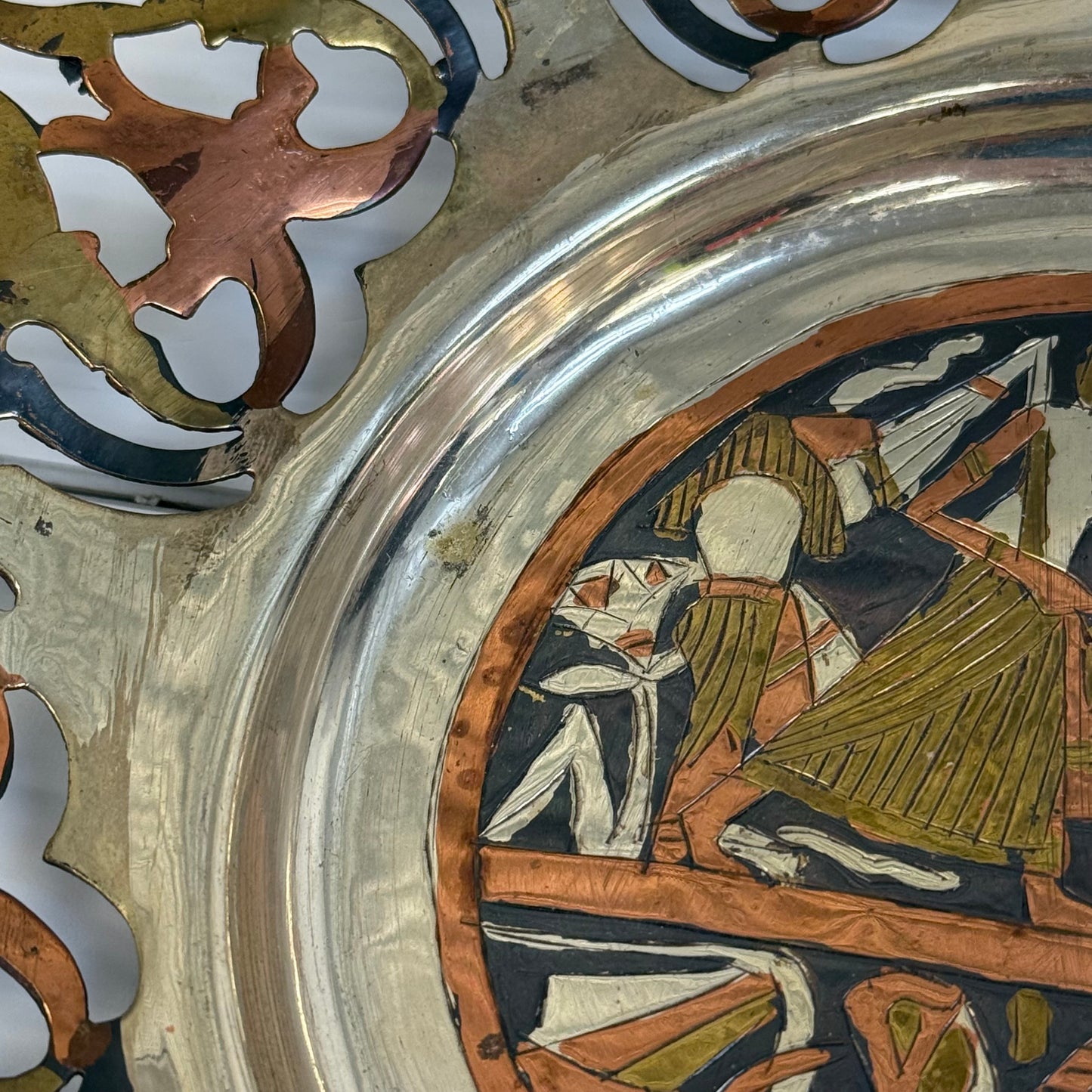 Vintage 1960s Mixed Metal Egyptian Revival Wall Plate 10” Diameter