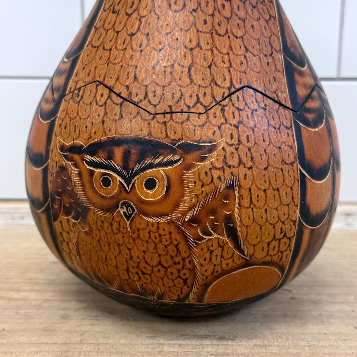 Lucuma Designs Peruvian Carved Gourd Owl Folk Art Box
