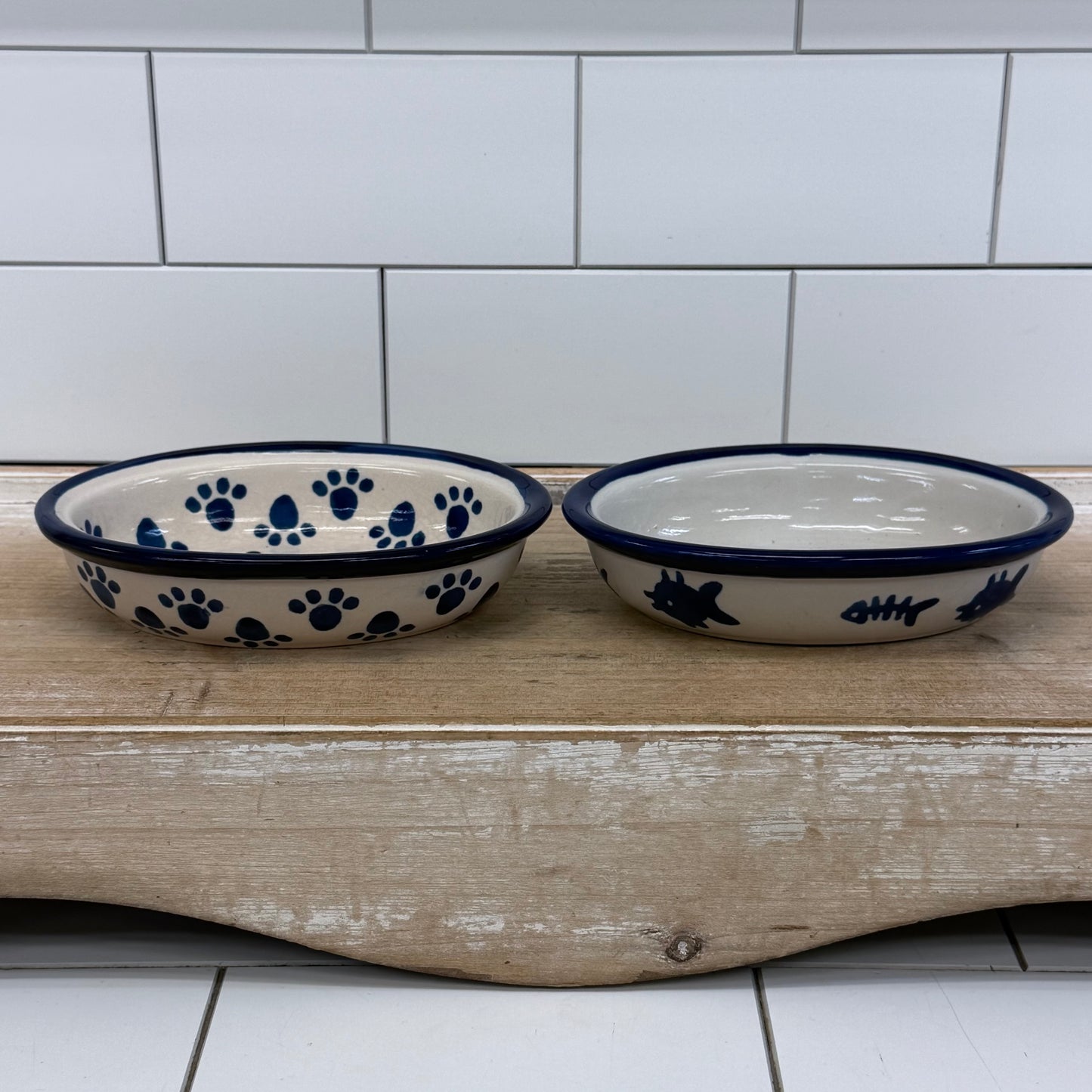 Blue & White Cat Pet Bowls Set of 2 Stoneware