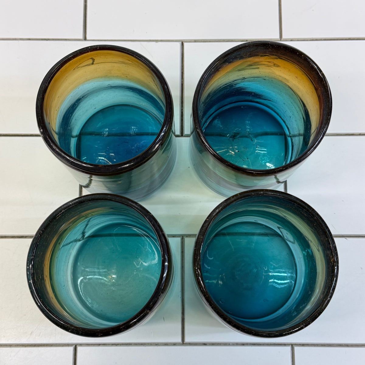Handblown Ombré Amber Blue Green Art Glass Tumbler Set of 4