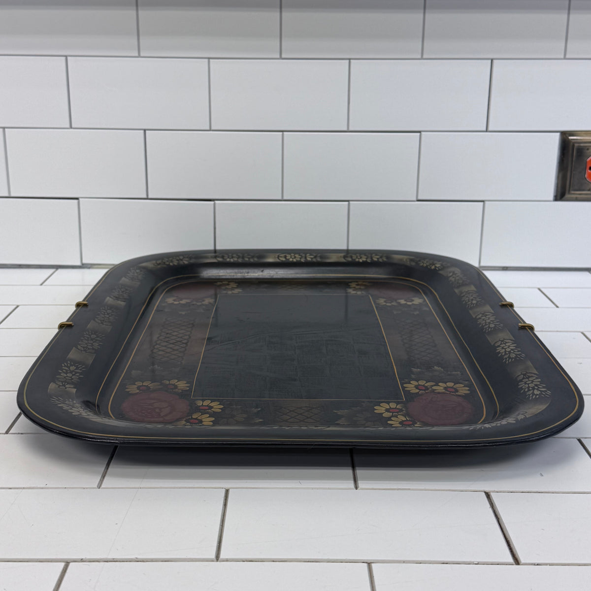 Floral Stenciled Tin Tray Black Gold Toleware Vintage 1970s