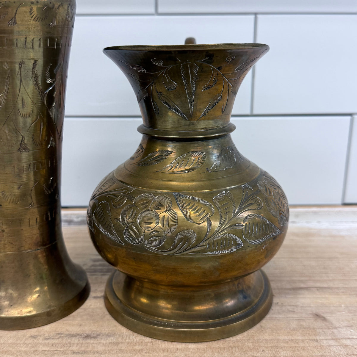 Vintage Indian Engraved Brass Pitcher & Vase Set 1960s–70s