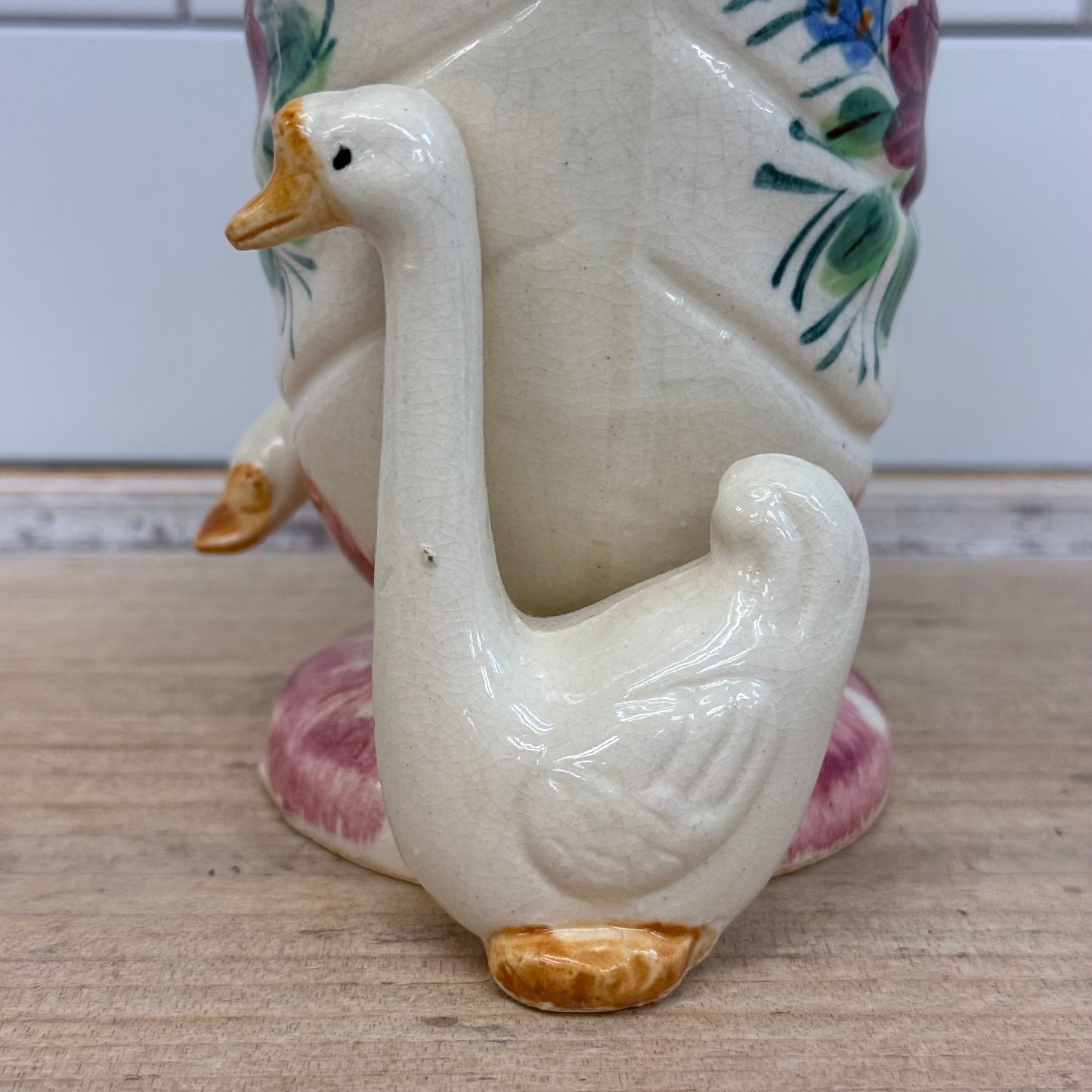 Japanese Figural Geese Floral Ceramic Vase 1950s