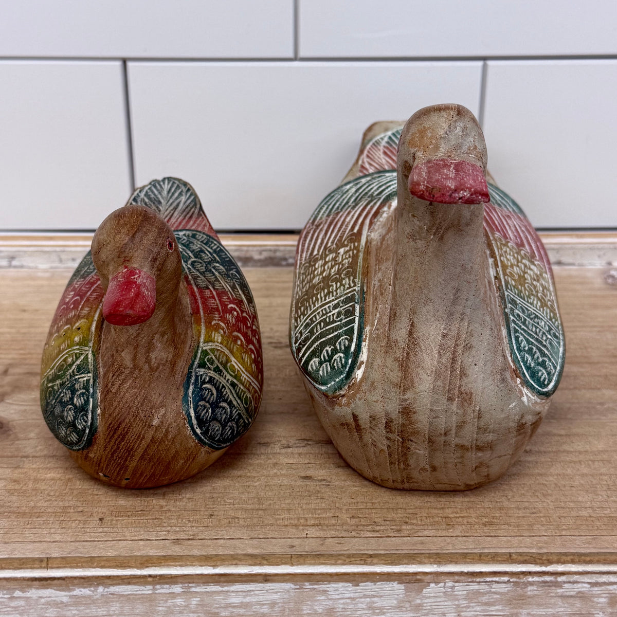 Hand Painted Wood Duck Decoy Figurines Thailand Set