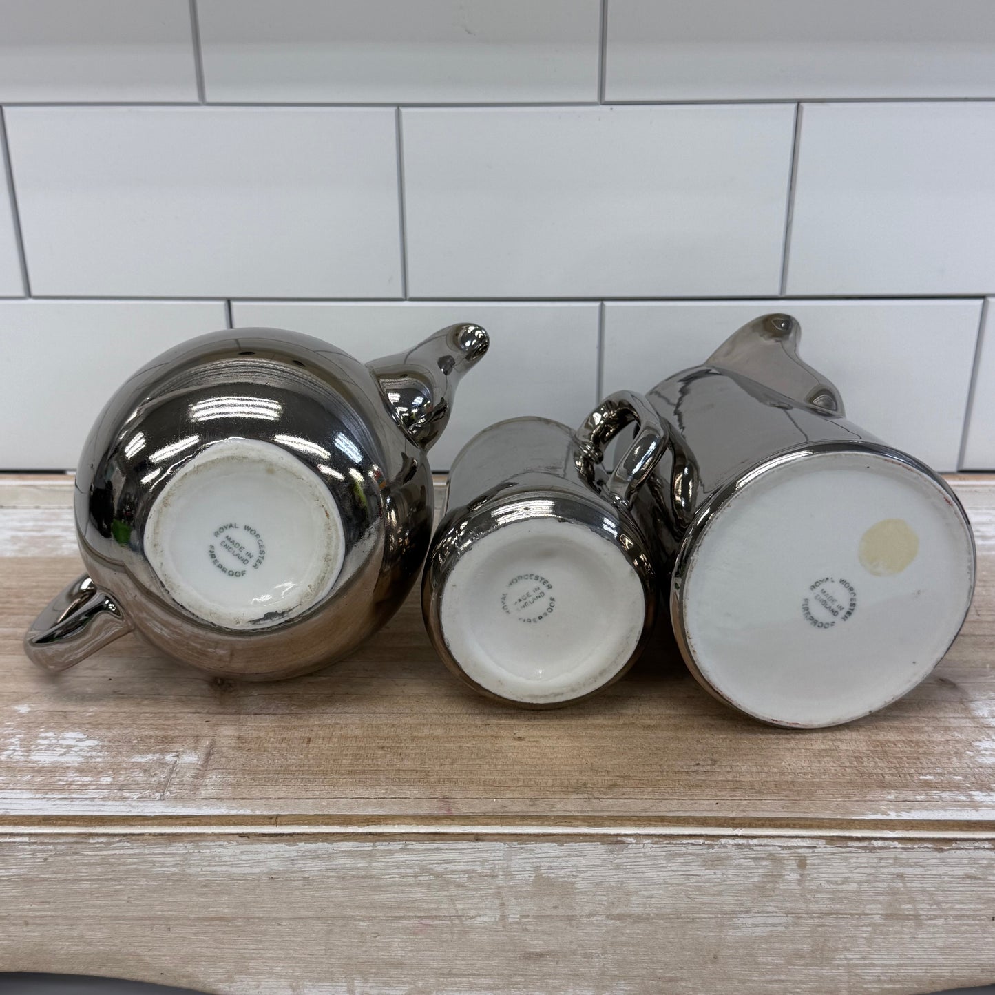 Royal Worcester Tea Set True Silver Lustre, Porcelain Set of 3