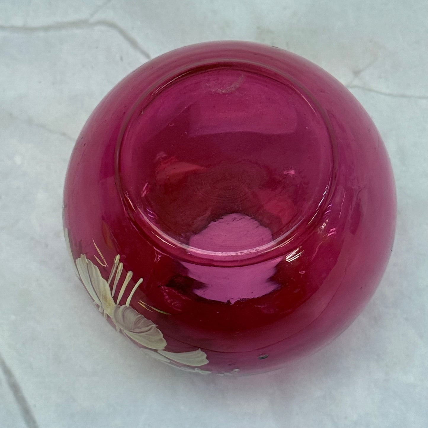Hand Painted Floral Cranberry Glass Ball Vase