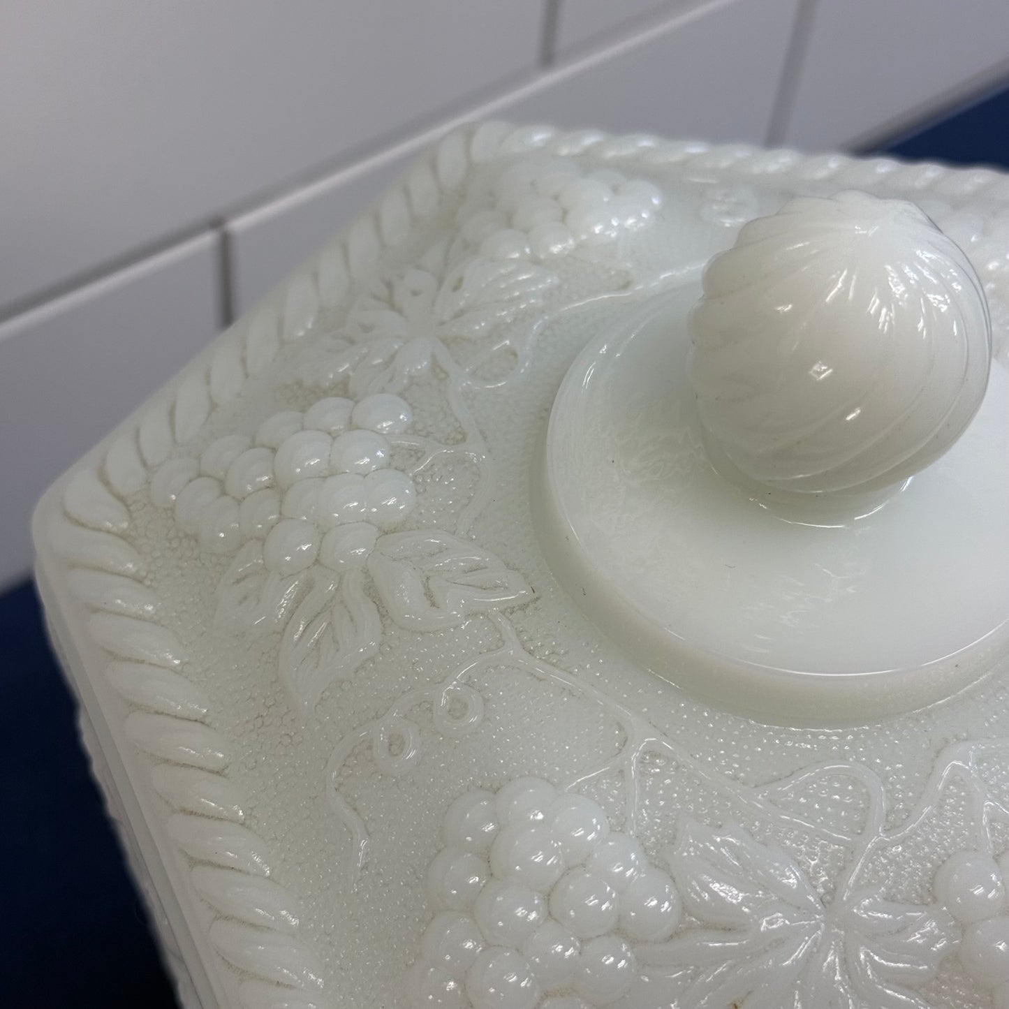 Fire King Grapevine Milk Glass Lidded Jar Vintage 1960s