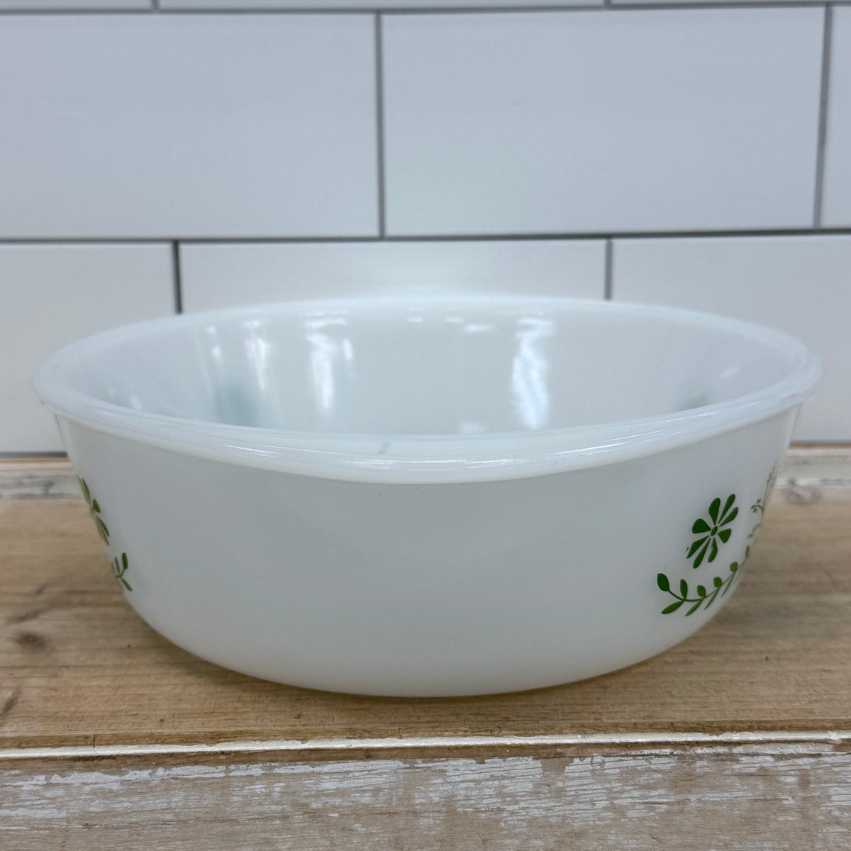 Glasbake Green Daisy Milk Glass Casserole Dish