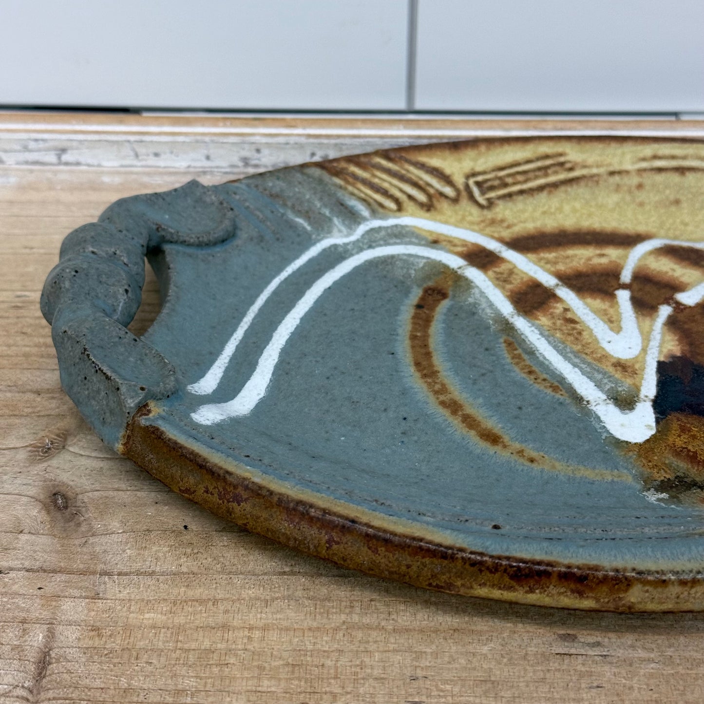 Signed Studio Art Pottery Abstract Handled Tray Stoneware