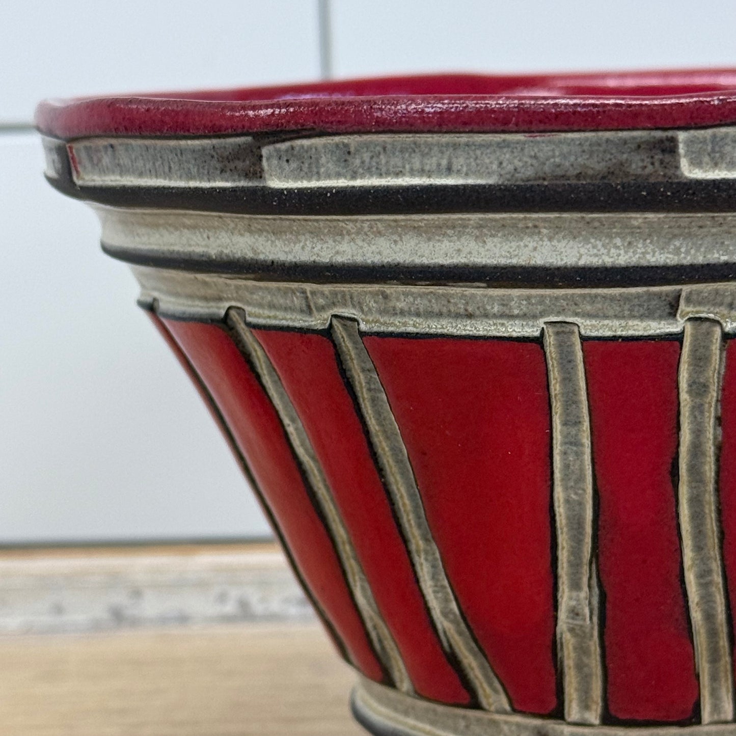 Studio Art Pottery Red Stoneware Carved Line Bowl Vintage Signed