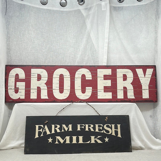 Large Wooden 'Grocery' and 'Farm Fresh Milk' Signage, Set of 2