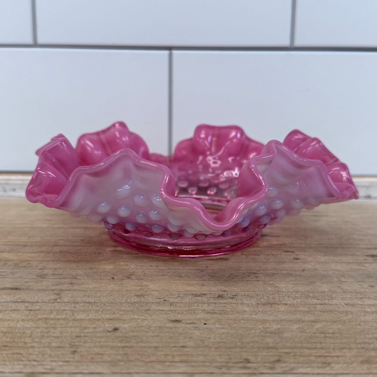Fenton Cranberry Opalescent Hobnail Ruffled Candy Dish 6 Inch