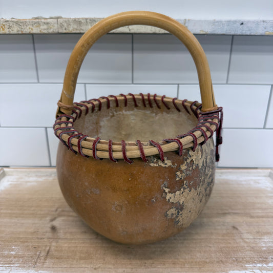 Handcrafted Signed Gourd Basket Bamboo Handle Folk Art 2000