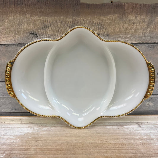 Fire King Gold Rimmed Milk Glass Divided Dish